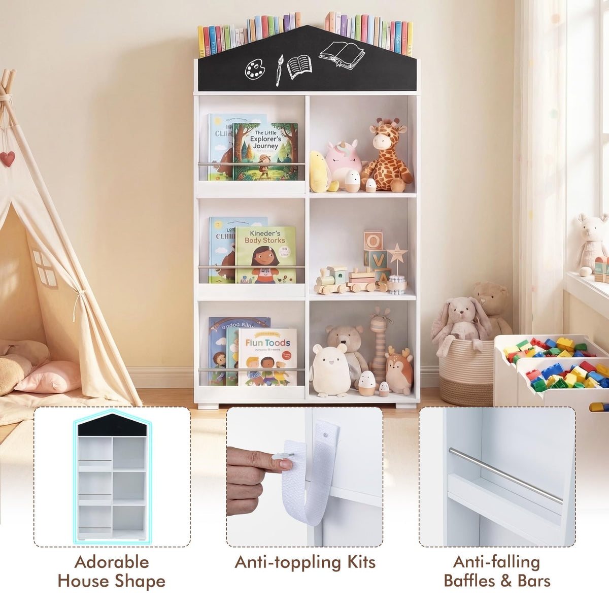 House Shaped Kids Bookshelf, Toy Storage Organizer w/Compartments & Chalkboard