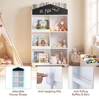 House Shaped Kids Bookshelf, Toy Storage Organizer w/Compartments & Chalkboard