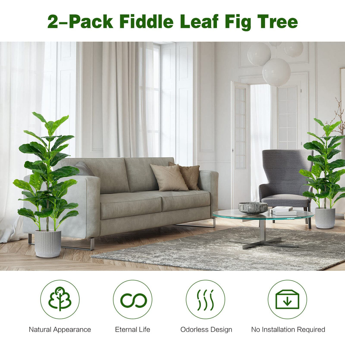 Giantex 100CM Artificial Fiddle Leaf Fig Tree, 2-Pack Faux Tree with 32 Leaves, Built-in Cement, Moss