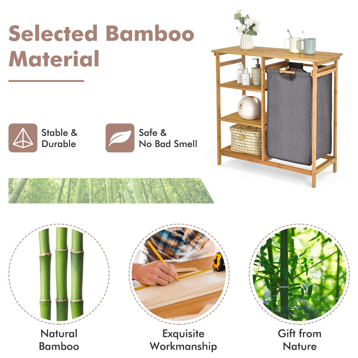 Giantex Bamboo Laundry Hamper Stand w/Sliding Bag & 3-Tier Open Shelves