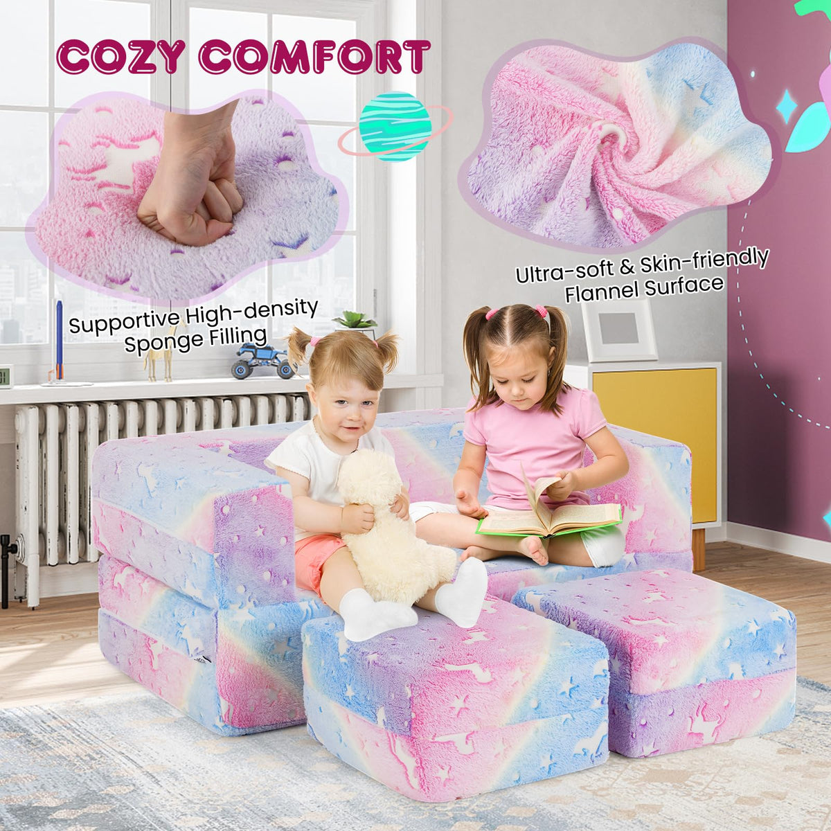 2 Seater Kids Play Couch Glow in the Dark Modular Sofa Play Set
