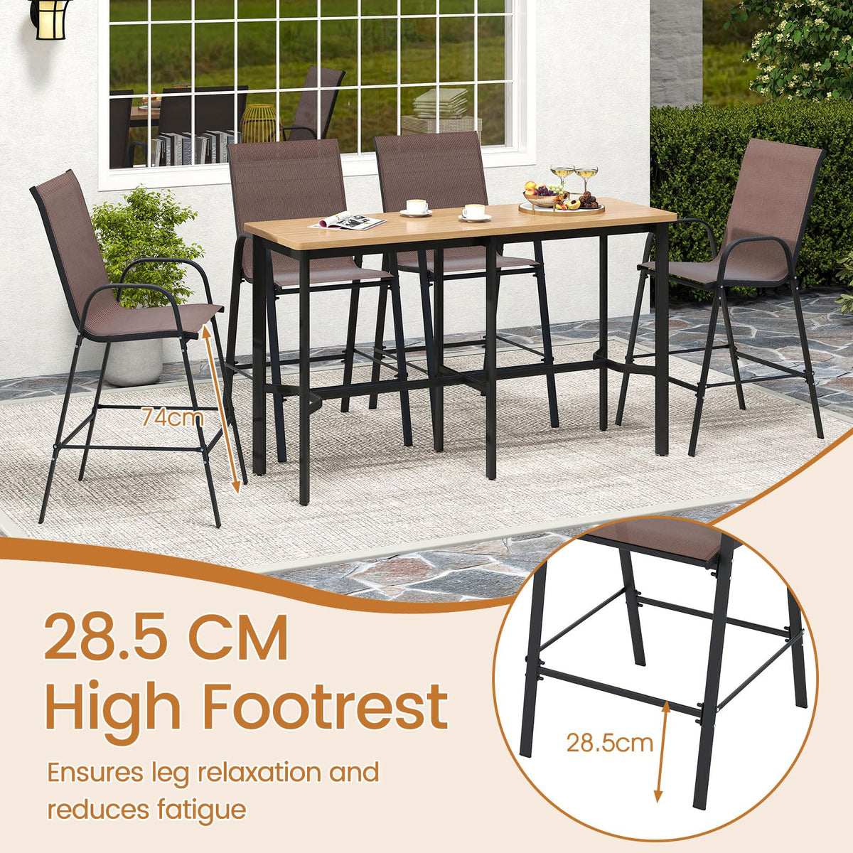 Outdoor Bar Stools Set of 2, 74 cm Fabric Bar Height Stools with Armrests