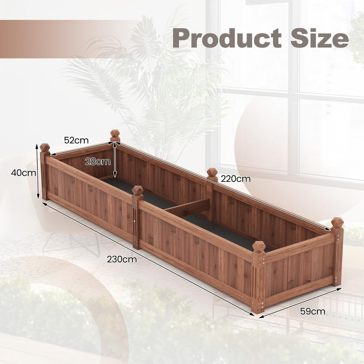 Wood Raised Garden Bed, 230 x 59 x 40 CM Divisible Planter Box w/Corner Drainage & Non-Woven Liner for Growing Vegetables