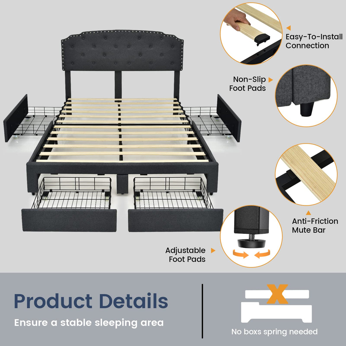 Giantex 4-Drawer Double/Queen Size Upholstered Platform Bed Frame