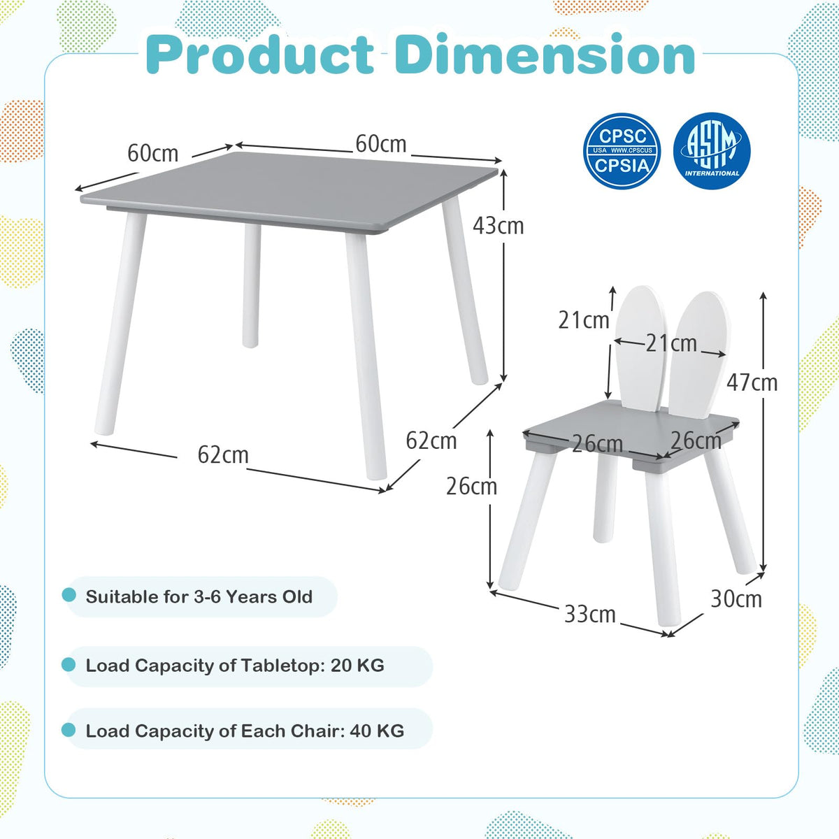 3 Pieces Kids Table and 2 Chairs Set for Arts, Crafts, Snack Time