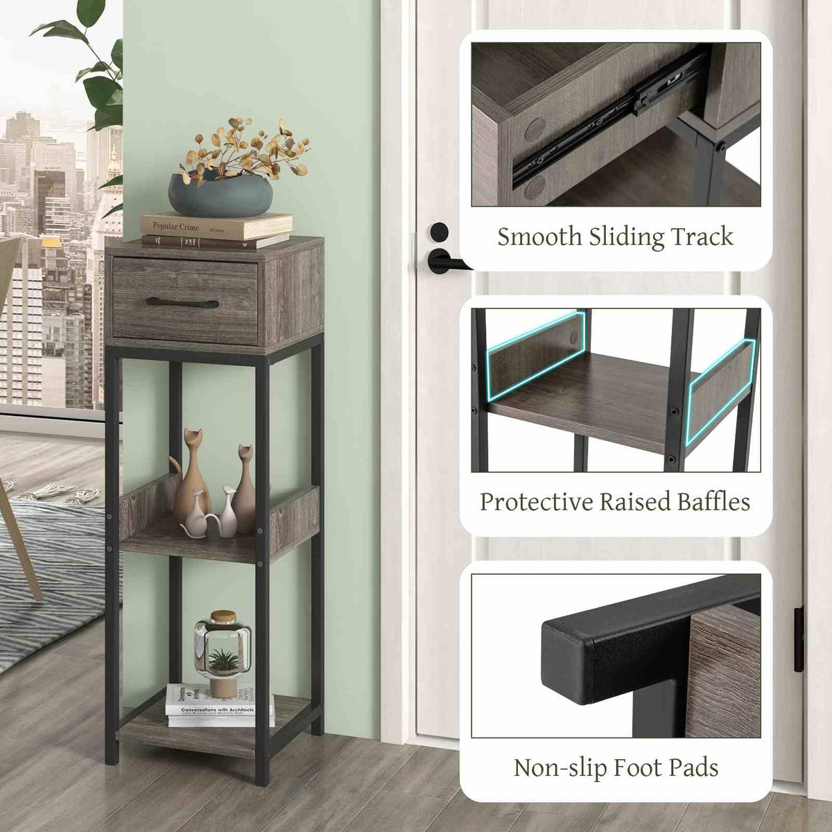 3 Tier Indoor Tall Plant Stand, Metal Plant Table with Drawer, Anti-Tipping Devices