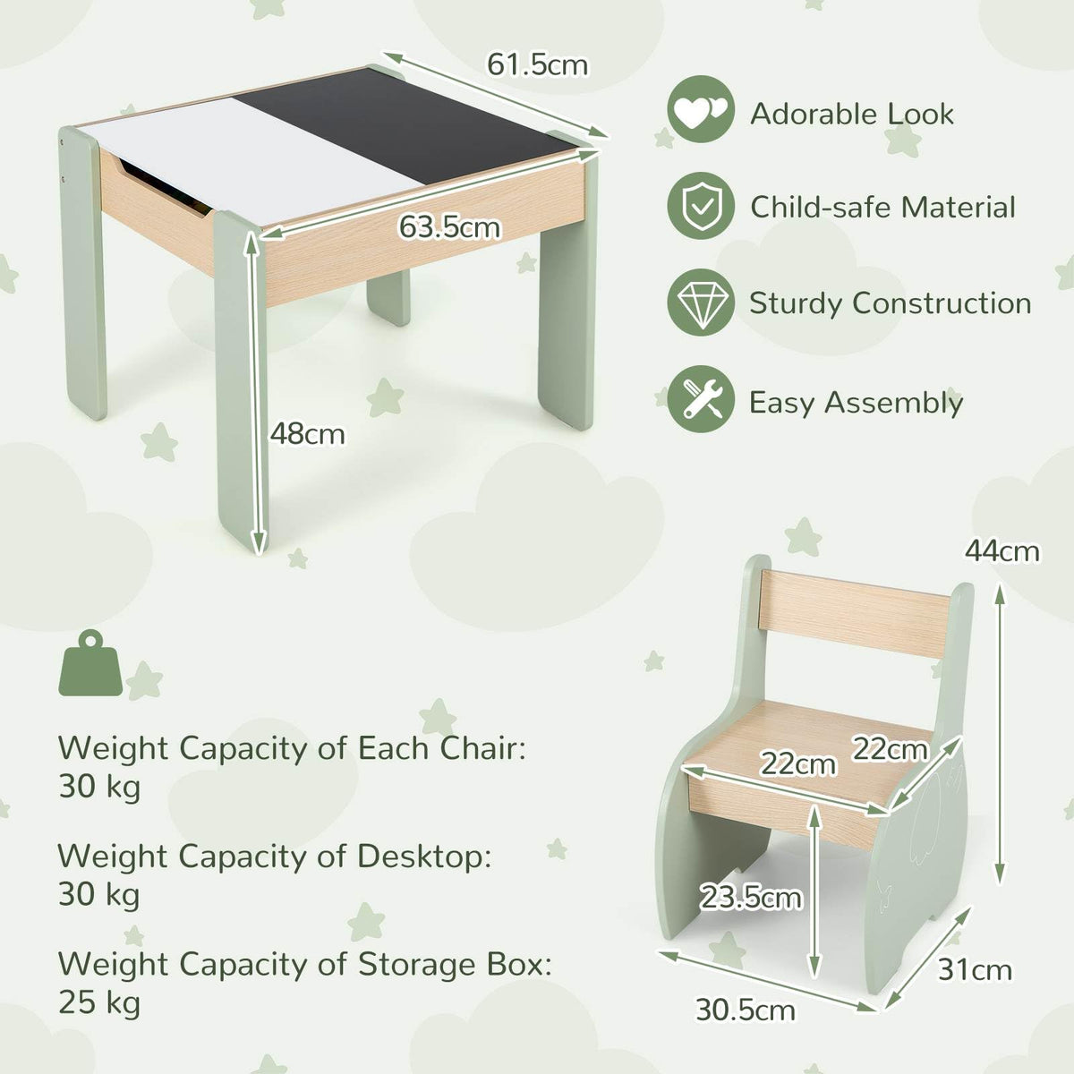 4-in-1 Wooden Kids Activity Table and Chair Set for Drawing and Studying