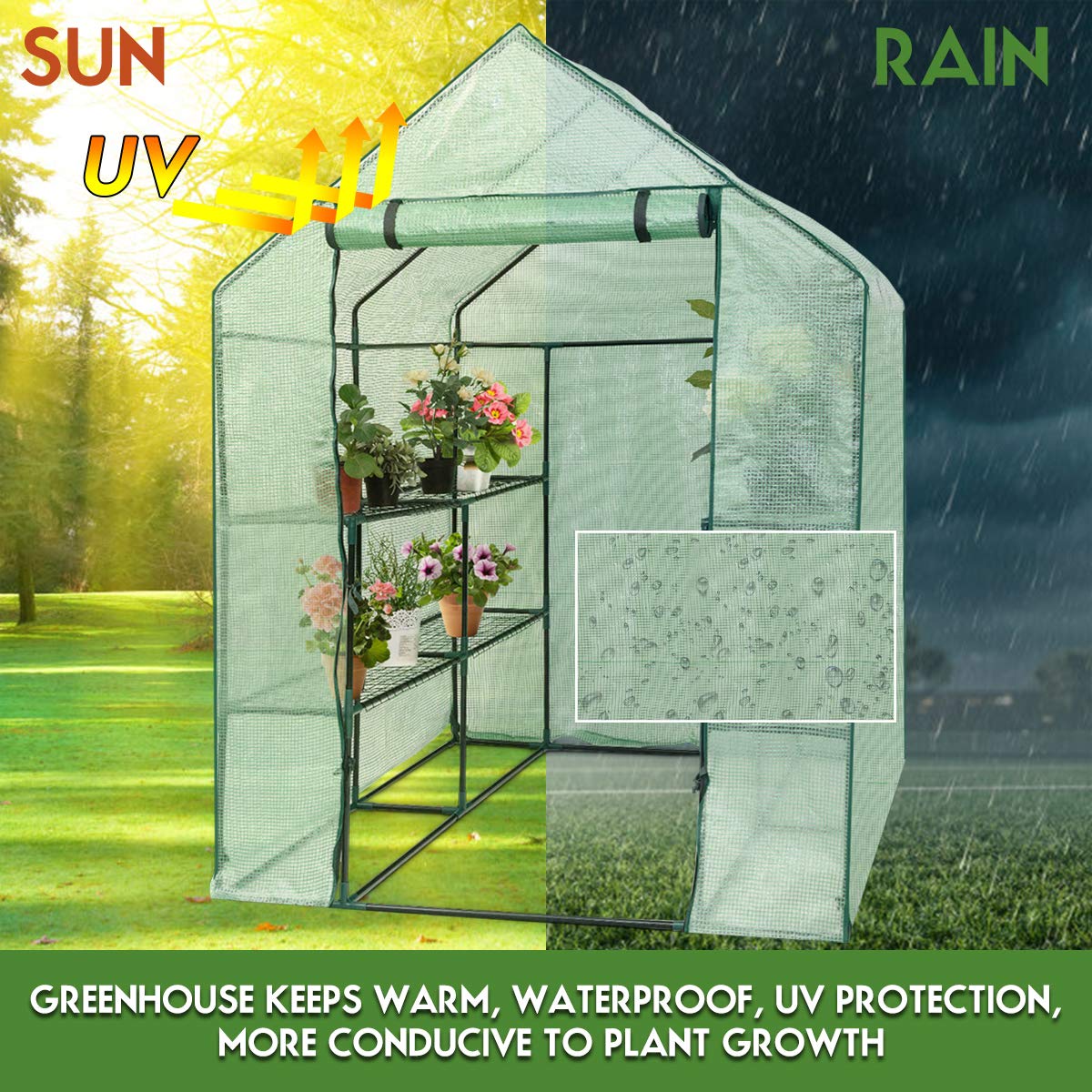 3 Tiers Outdoor Walk in Greenhouse, 12 Shelves Movable Green House Tunnel