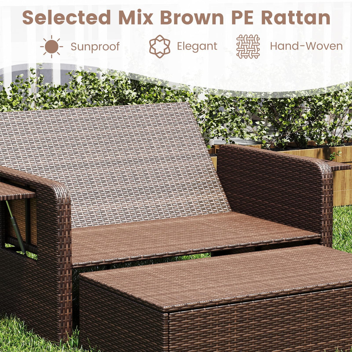 Patio Rattan Daybed, 2-Piece Loveseat & Storage Ottoman Set