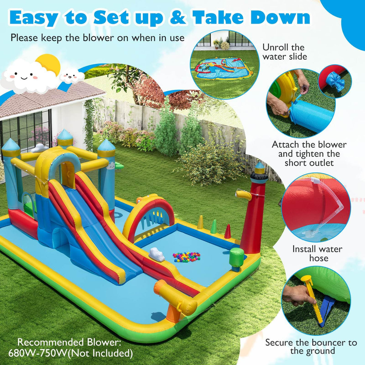 Inflatable Water Slide, Giant Water Park w/ Long Slide, Jumping Area, Climbing Wall, Splash Pools