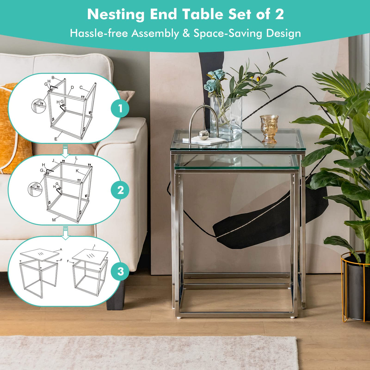 Giantex Nesting Glass Coffee Table Set of 2, Modern Home Coffee Table Set with Tempered Glass Top & Metal Frame