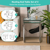 Giantex Nesting Glass Coffee Table Set of 2, Modern Home Coffee Table Set with Tempered Glass Top & Metal Frame