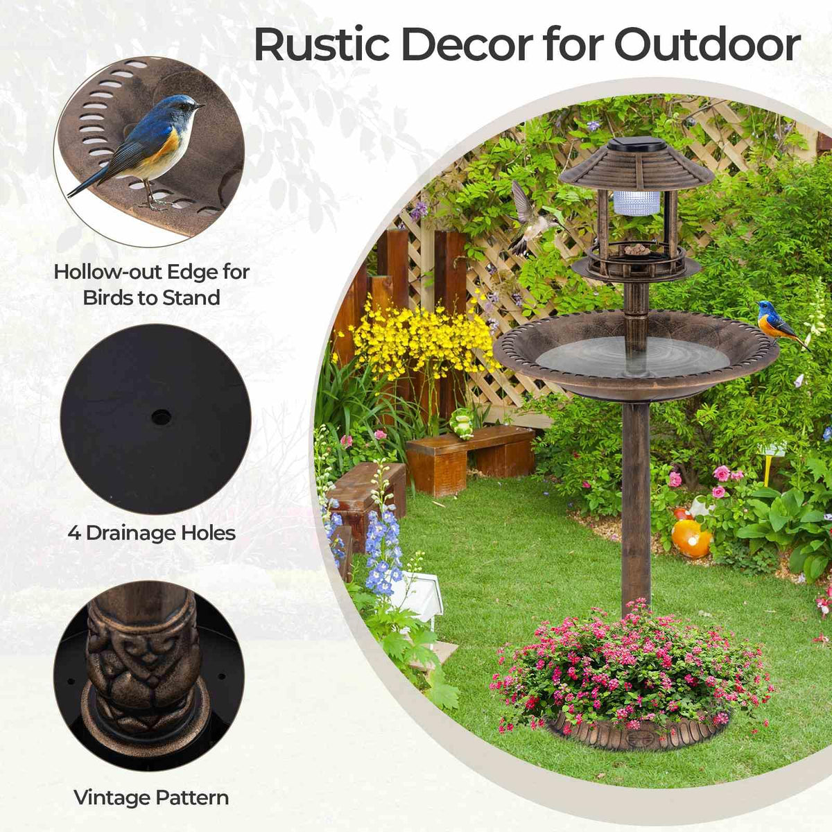 Outdoor Solar Lighted Bird Bath 3-in-1 Pedestal Bird Feeder Decor for Garden