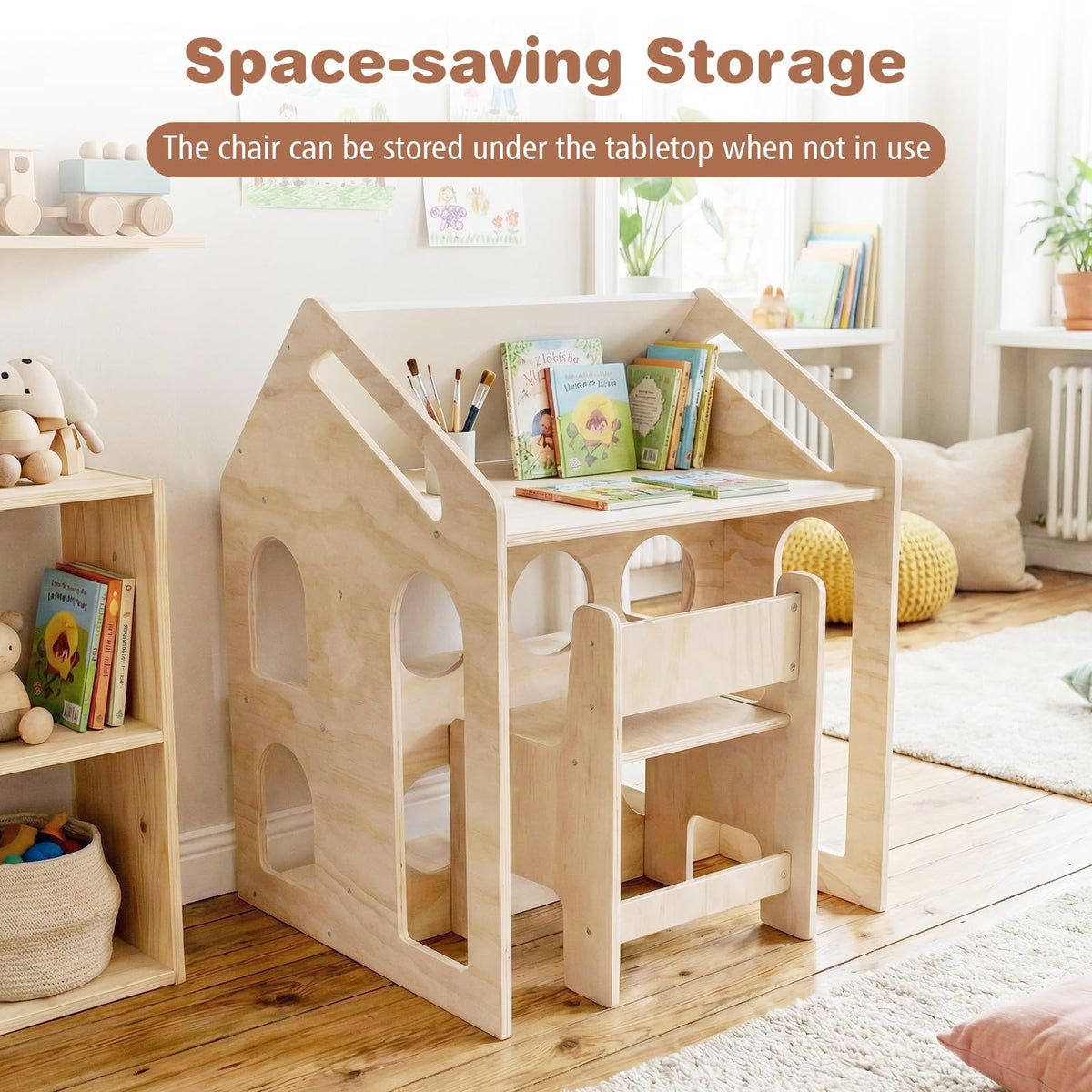 3-in-1 Toddler Art Table Set with 2 Bookshelves and Chalkboard for Painting and Crafting