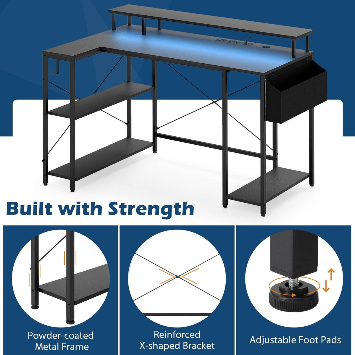 Giantex 120cm L-Shaped Gaming Desk, Computer Desk w/LED Lights & Power Outlets