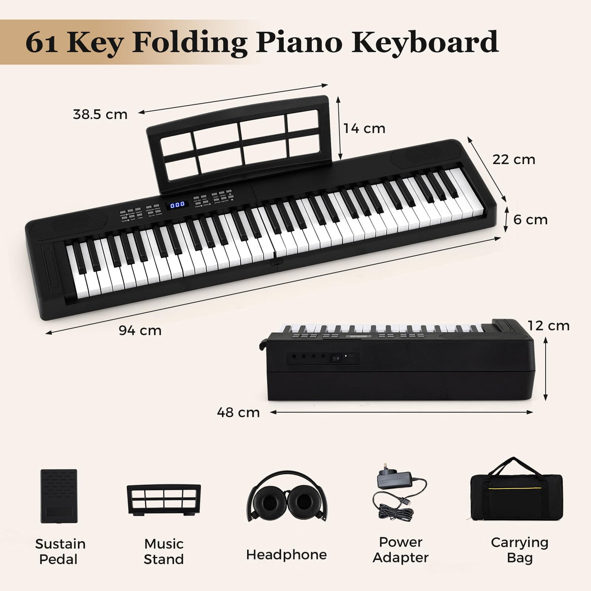 61-Key Foldable Piano Keyboard, Full-size Electronic Keyboard w/MIDI & Split Function