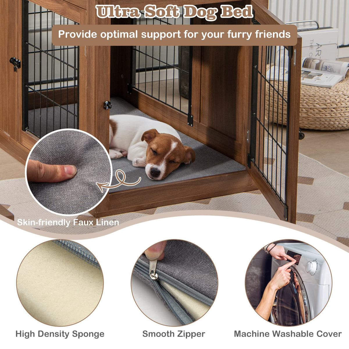 Furniture Dog Crate, Pet Crate End Table w/Cushion, Double Doors, Mesh, Indoor Use Dog Cage House