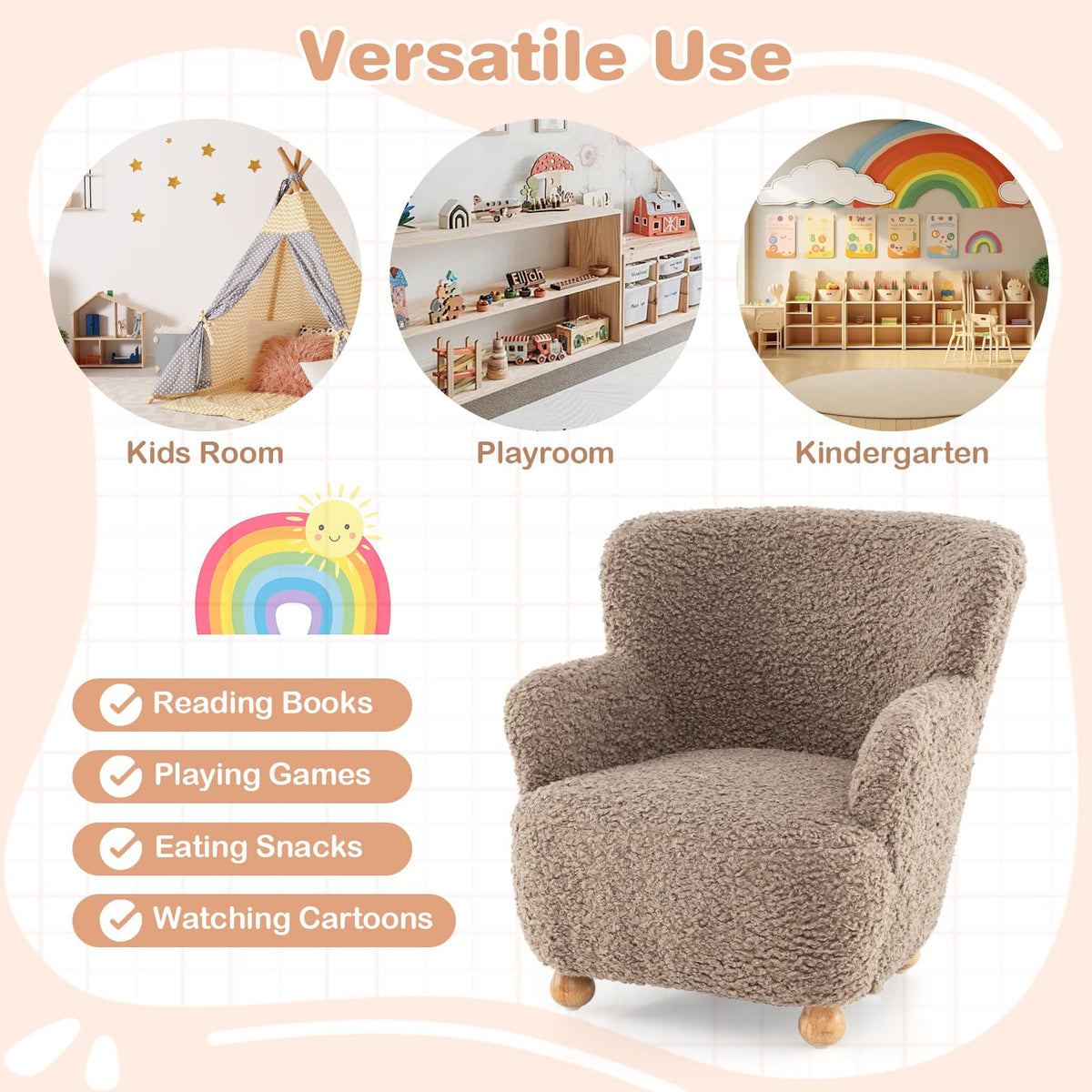 Kids Sofa, Comfy Toddler Armchair with Solid Rubber Wood Legs