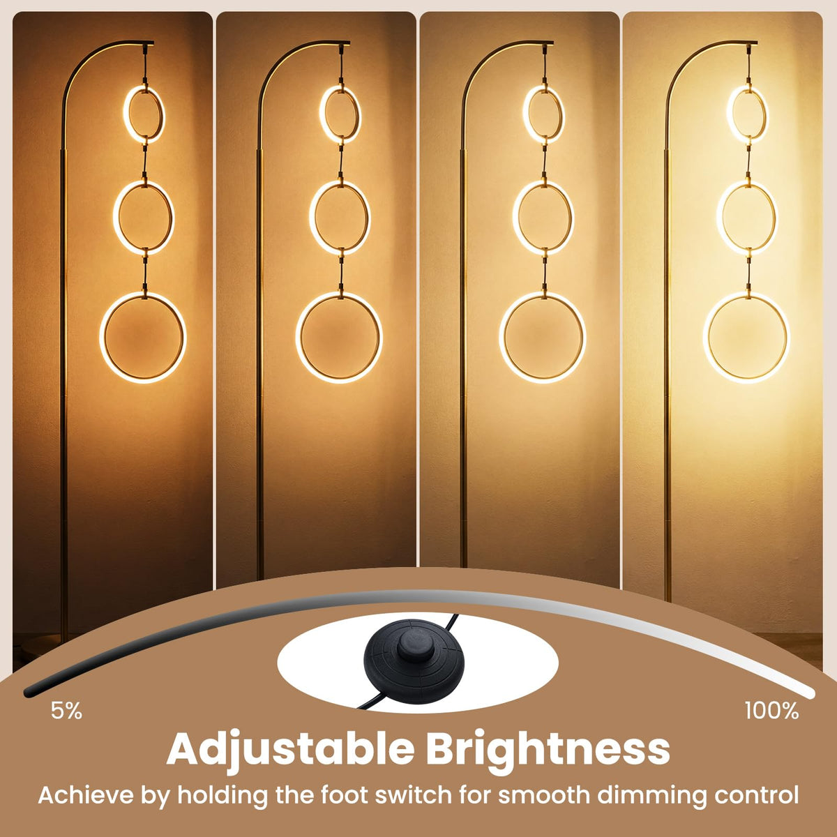3-Circle Dimmable LED Floor Lamp with Foot Switch & 3 Color Temperatures for Room