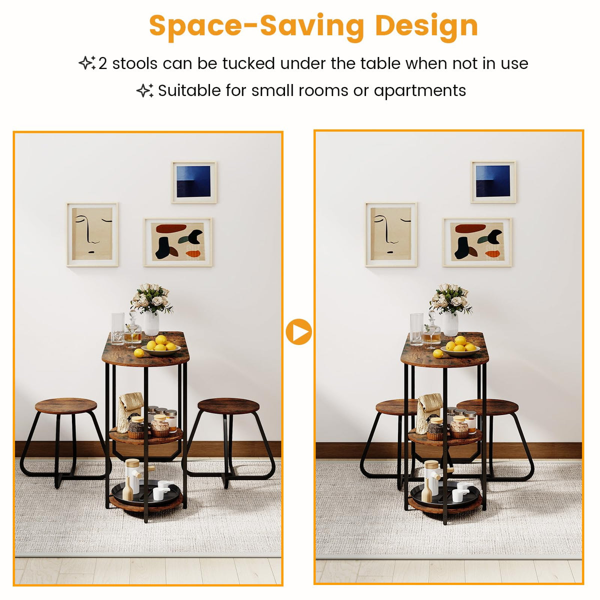 3-Piece Dining Table Set Rectangular Kitchen Table and 2 Stools with 2-tier Storage Shelves