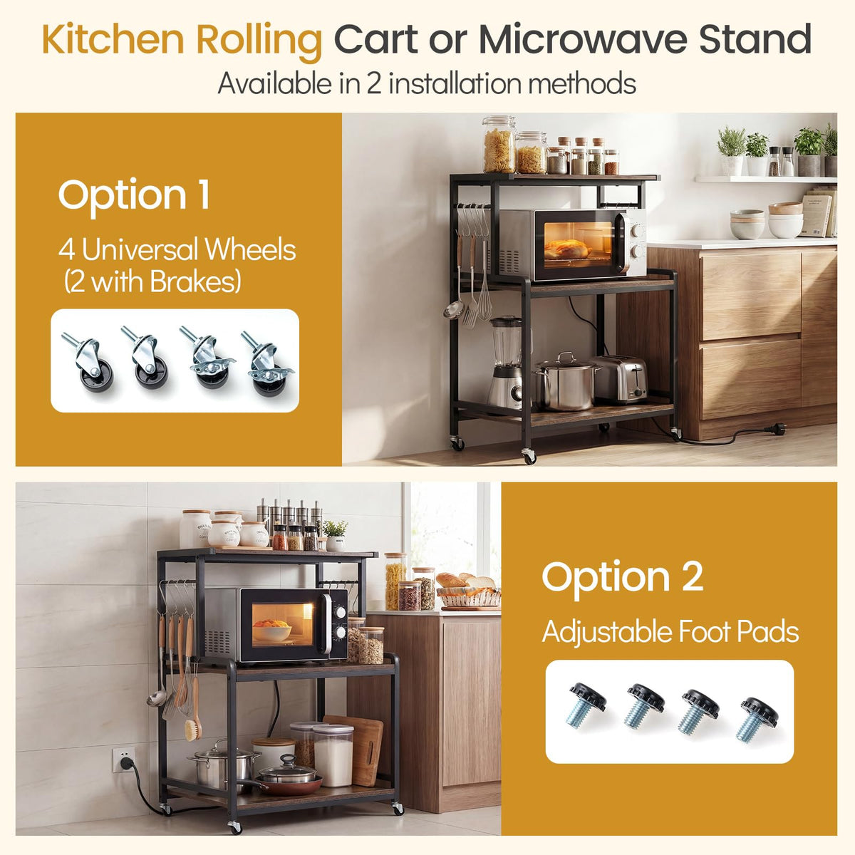 3-Tier Kitchen Rolling Cart with Power Outlets 10 S-Shaped Hooks