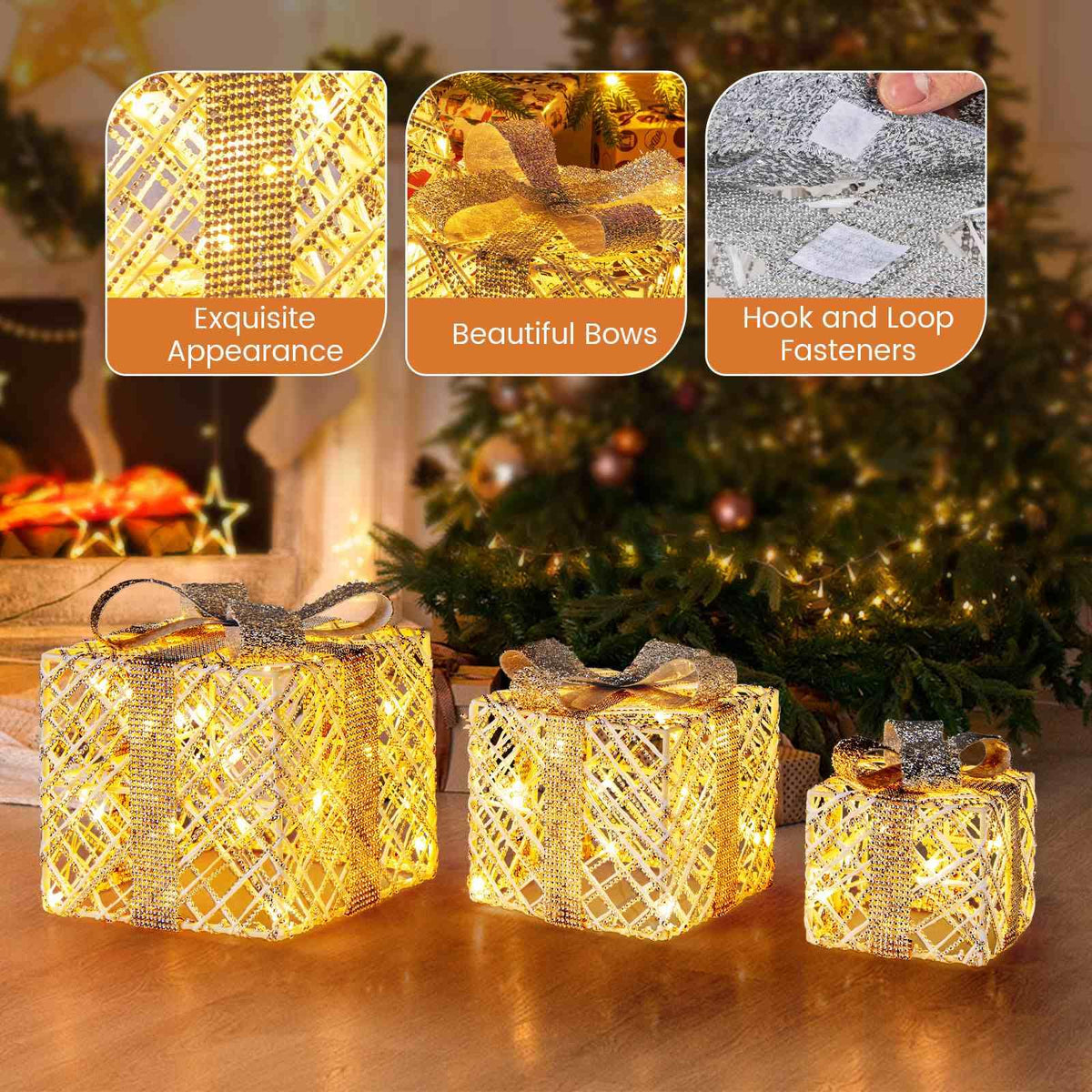 3 Pack Christmas Lighted Gift Box with 50 LED Lights and Bows