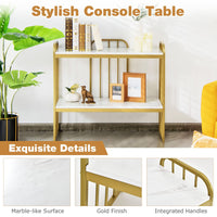 Giantex 2-Tier Narrow Console Table, Buffet Serving Table w/Faux Marble Tabletop & Gold-Finished Bracket