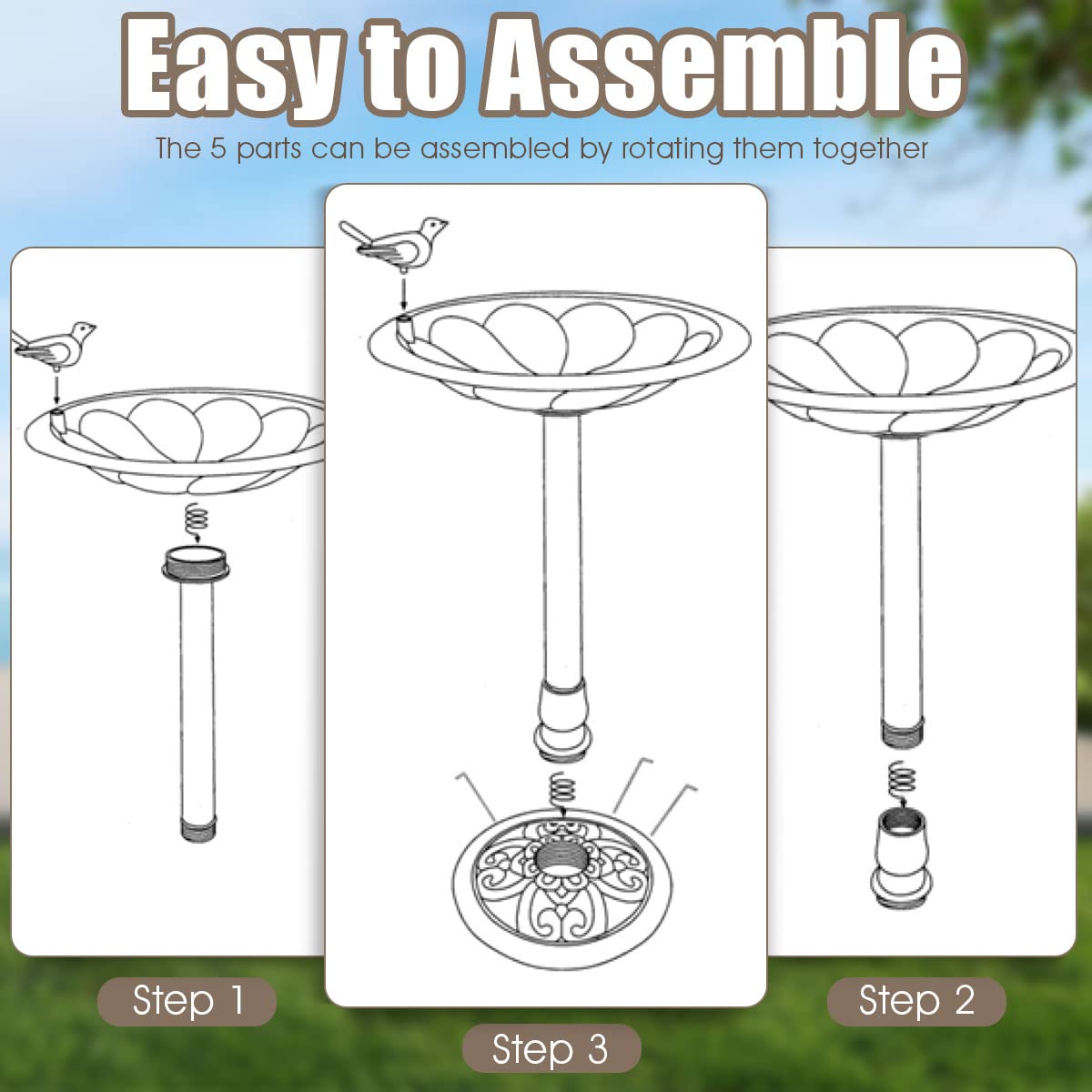 Garden Bird Bath with Sparrow Statue for Courtyard and Lawn