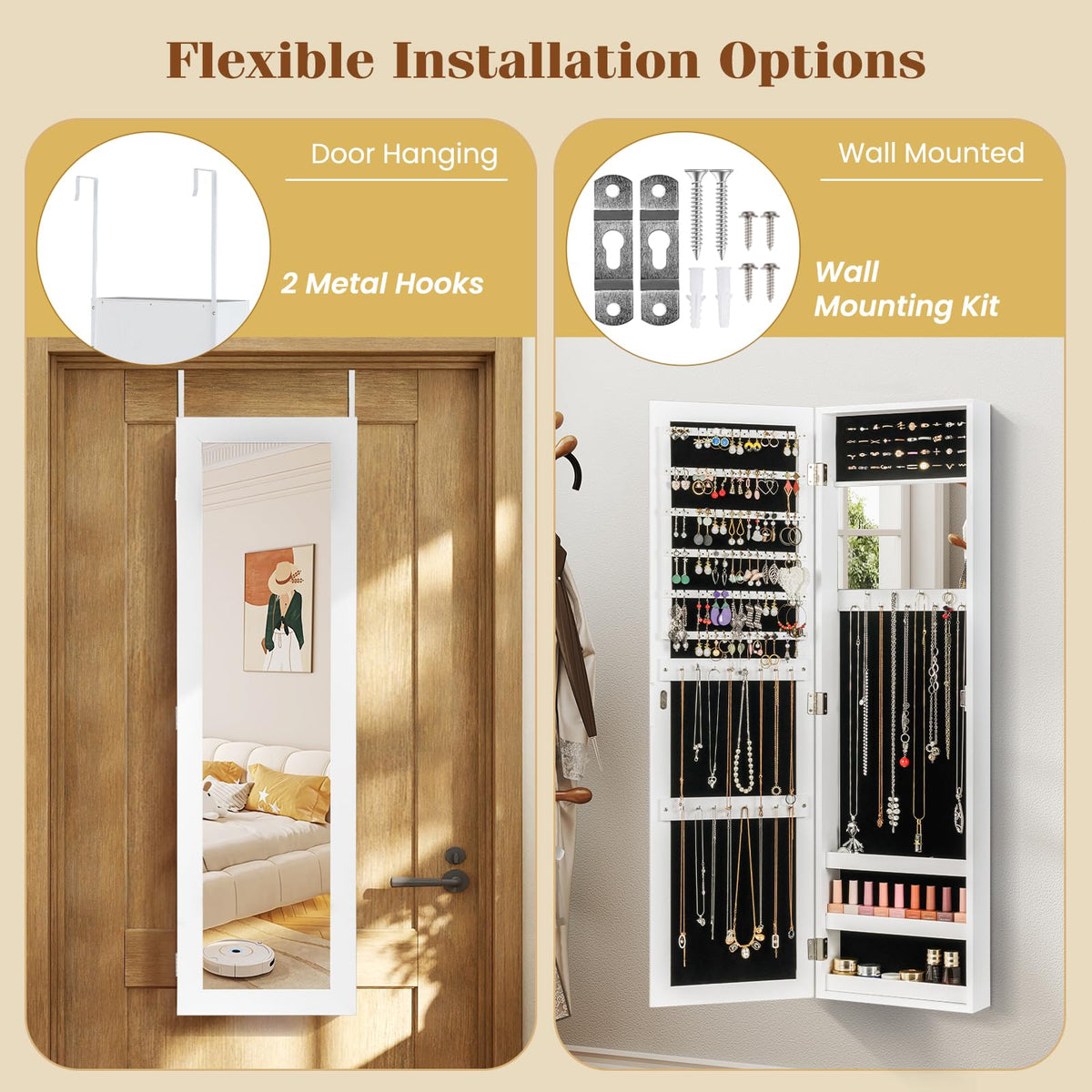 Wall/Door Mounted Jewelry Armoire with Storage Shelves and 2 Hanging Hook