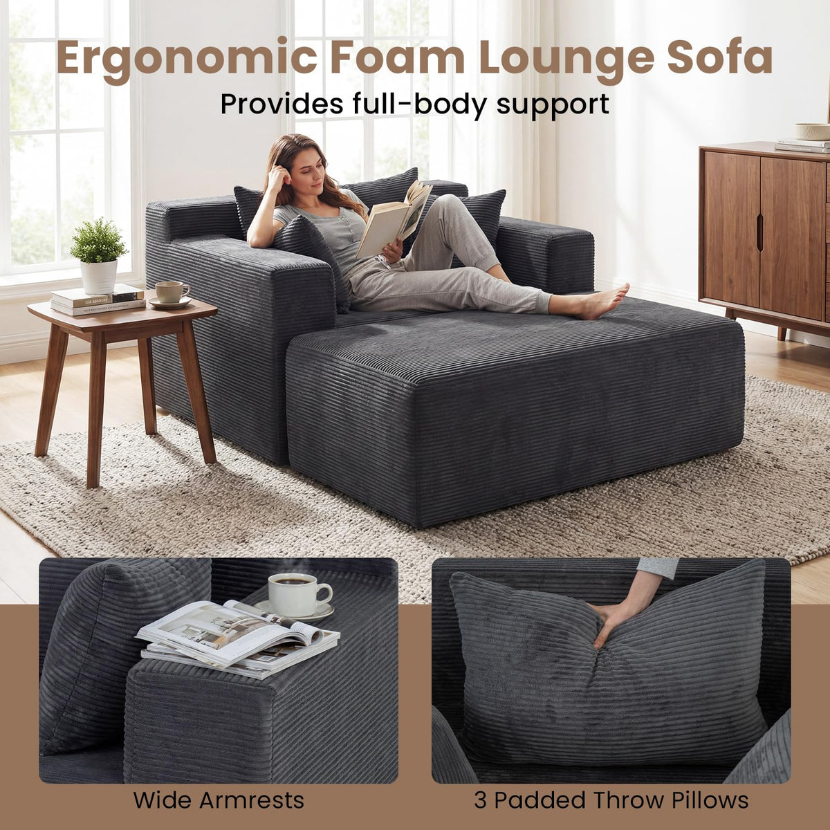 Single Foam Sofa with Ottoman Boneless Floor Lounge Chair with Pillows