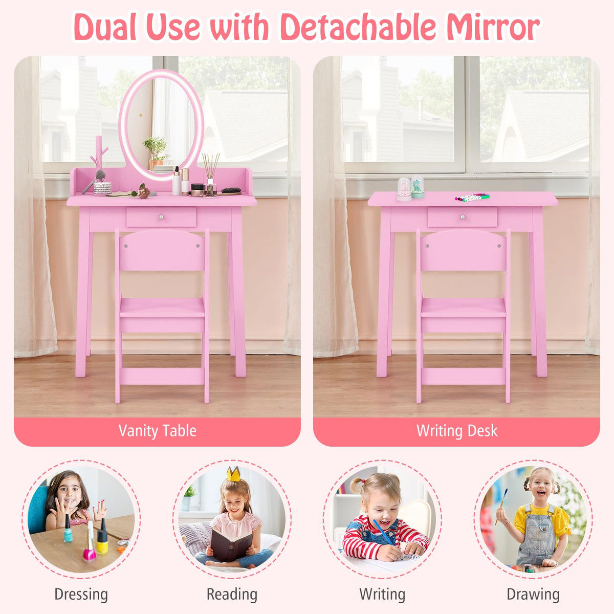 Wooden Kids Vanity Set w/Lighted Mirror