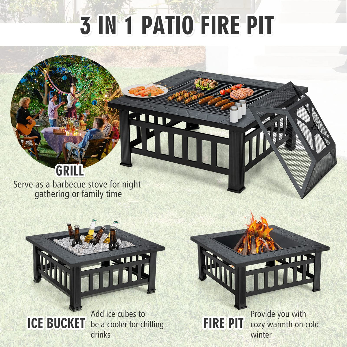 32” 3-in-1 Fire Pit, Outdoor Kitchen Charcoal BBQ Table Grill