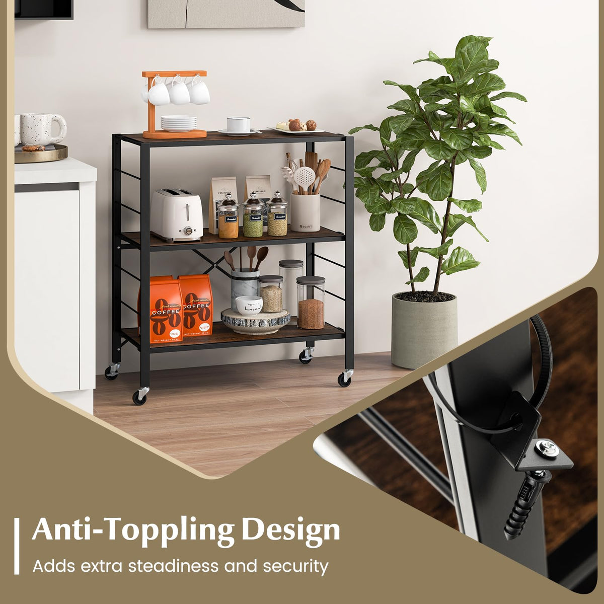 Giantex 3-Tier Foldable Shelving Unit, Heavy Duty Metal Shelves with Detachable Wheels