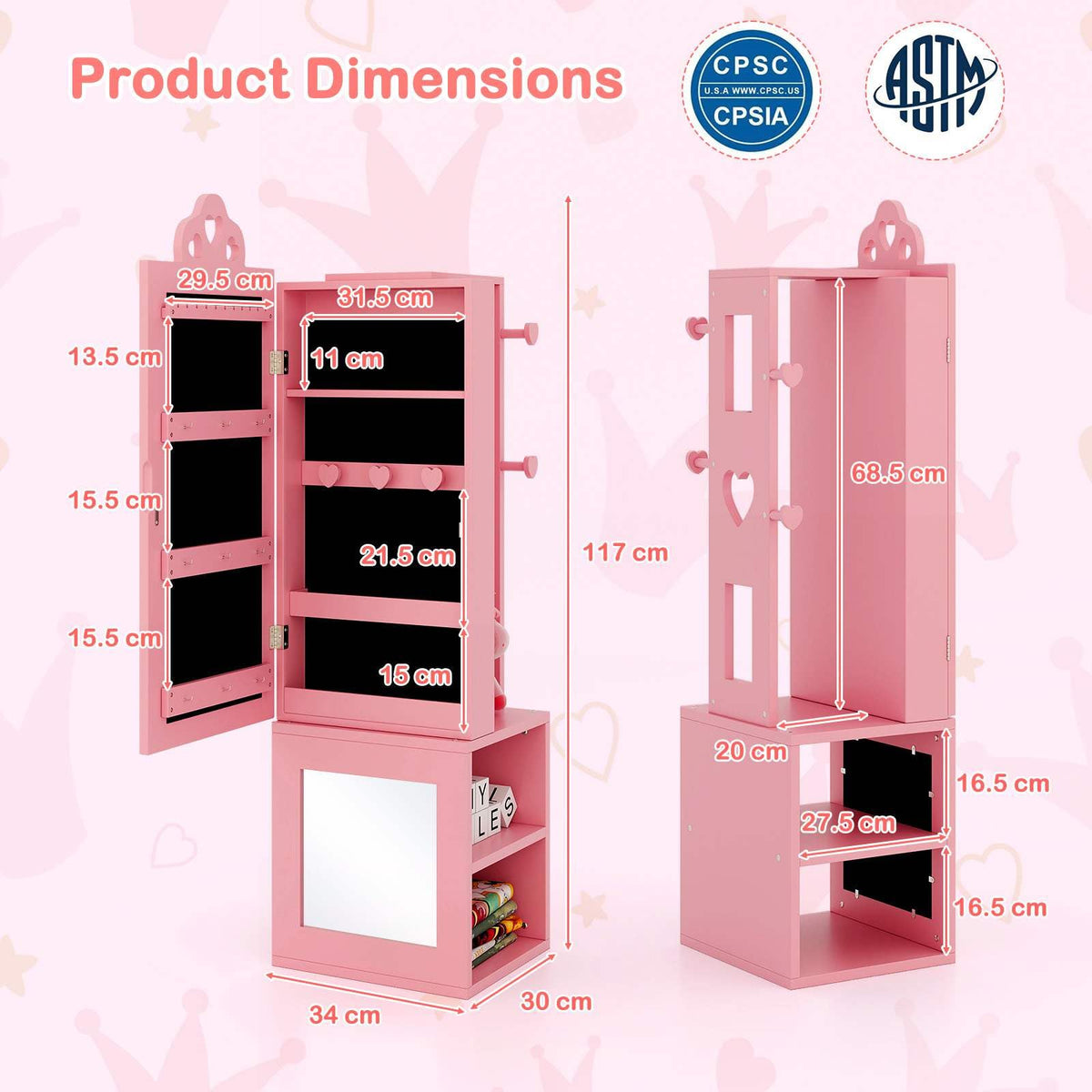 3-in-1 Freestanding Kids Jewelry Cabinet Armoire with Full Length Mirror