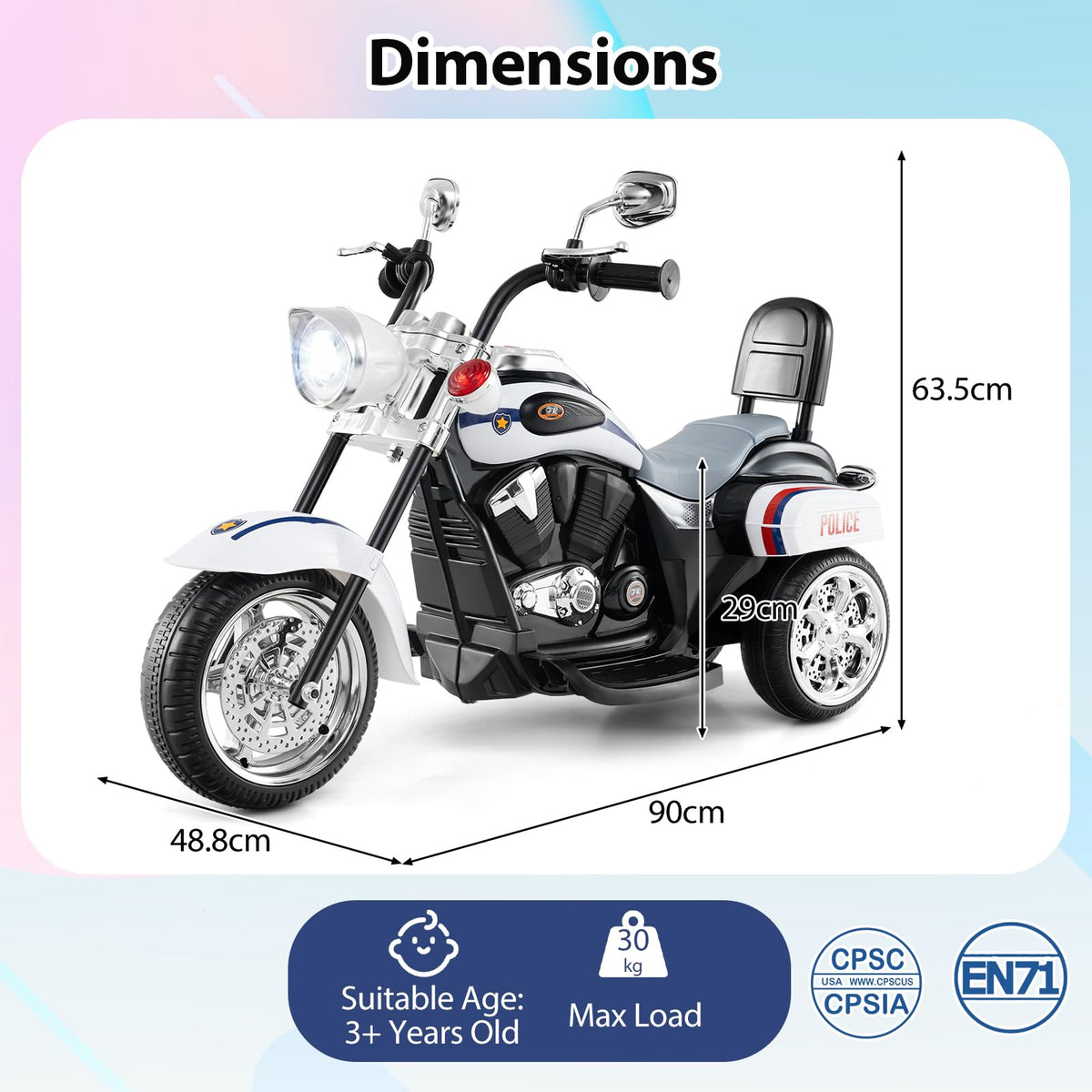 6V Kids Motorcycle 3-Wheel with Headlight and Horn White