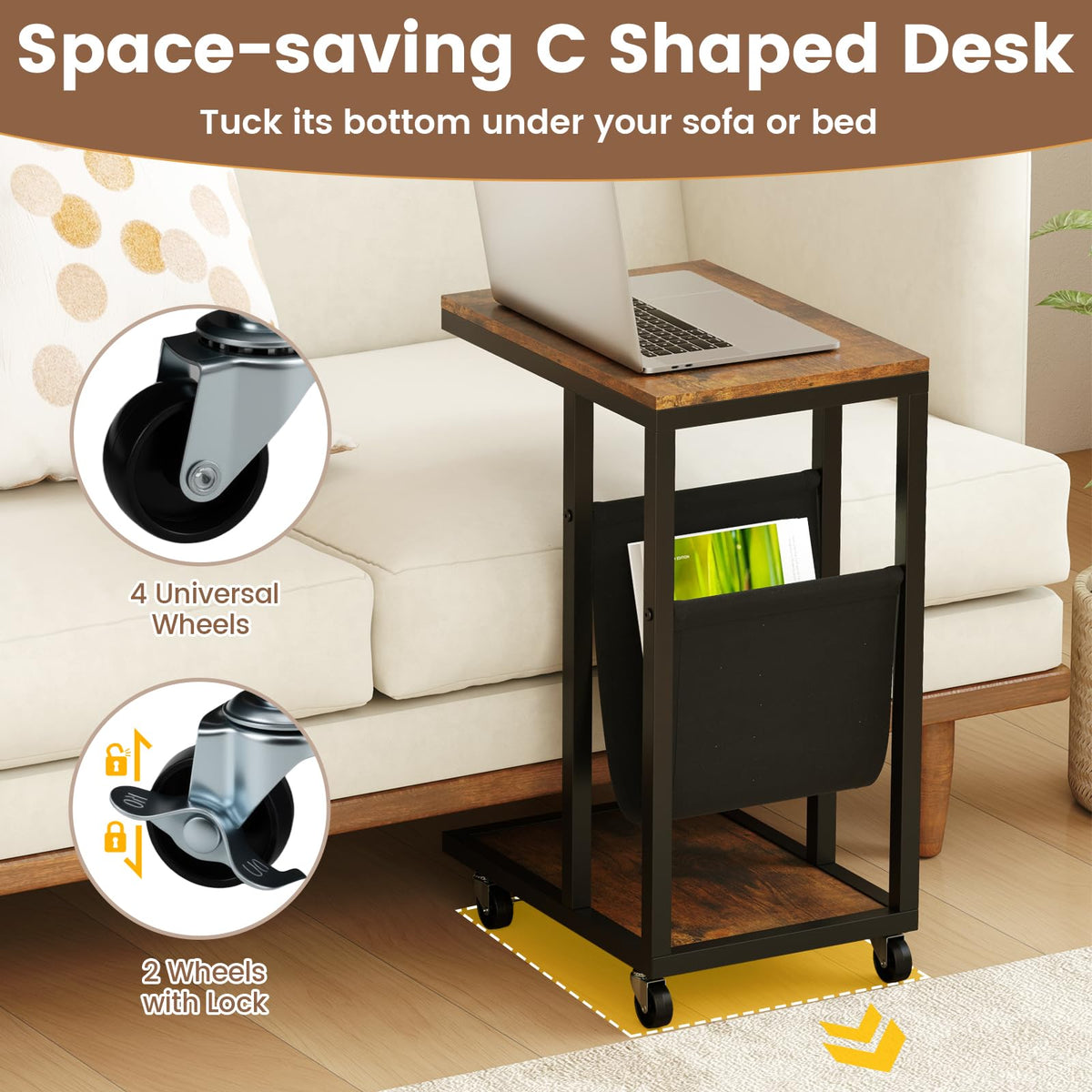 C-Shaped Side Table on Wheels