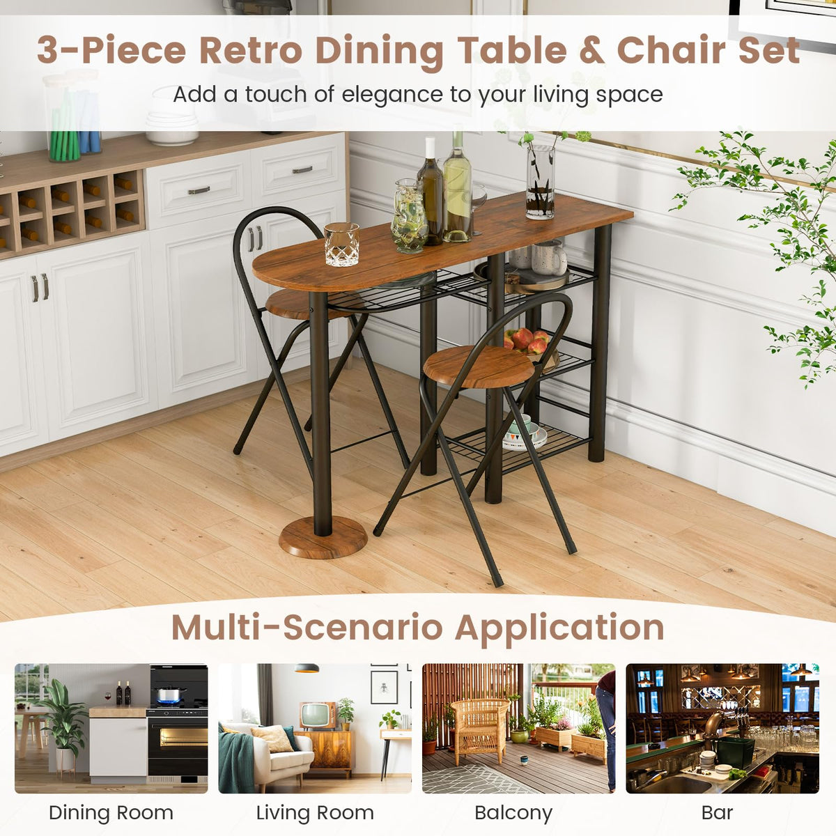 Giantex 3-Piece Dining Table Set Retro Dining Table & 2 Foldable Chairs w/ 4-Tier Storage Shelf