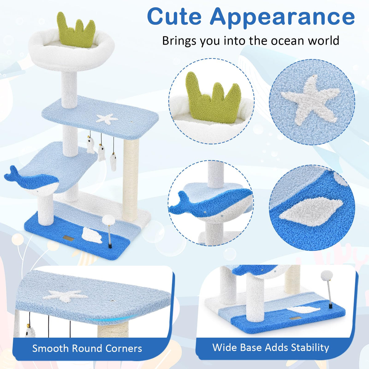 Fish Cat Tree Ocean-Themed Cat Tree, 3-Level Cat Tower w/Sisal Covered Scratching Po ...