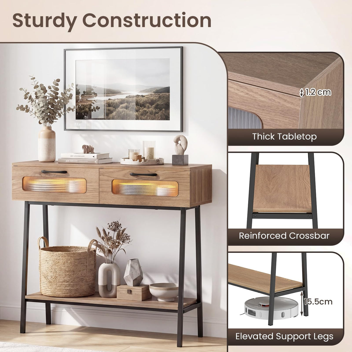 2-Tier Farmhouse Console Table with Colorful LED Lights and 2 Drawers