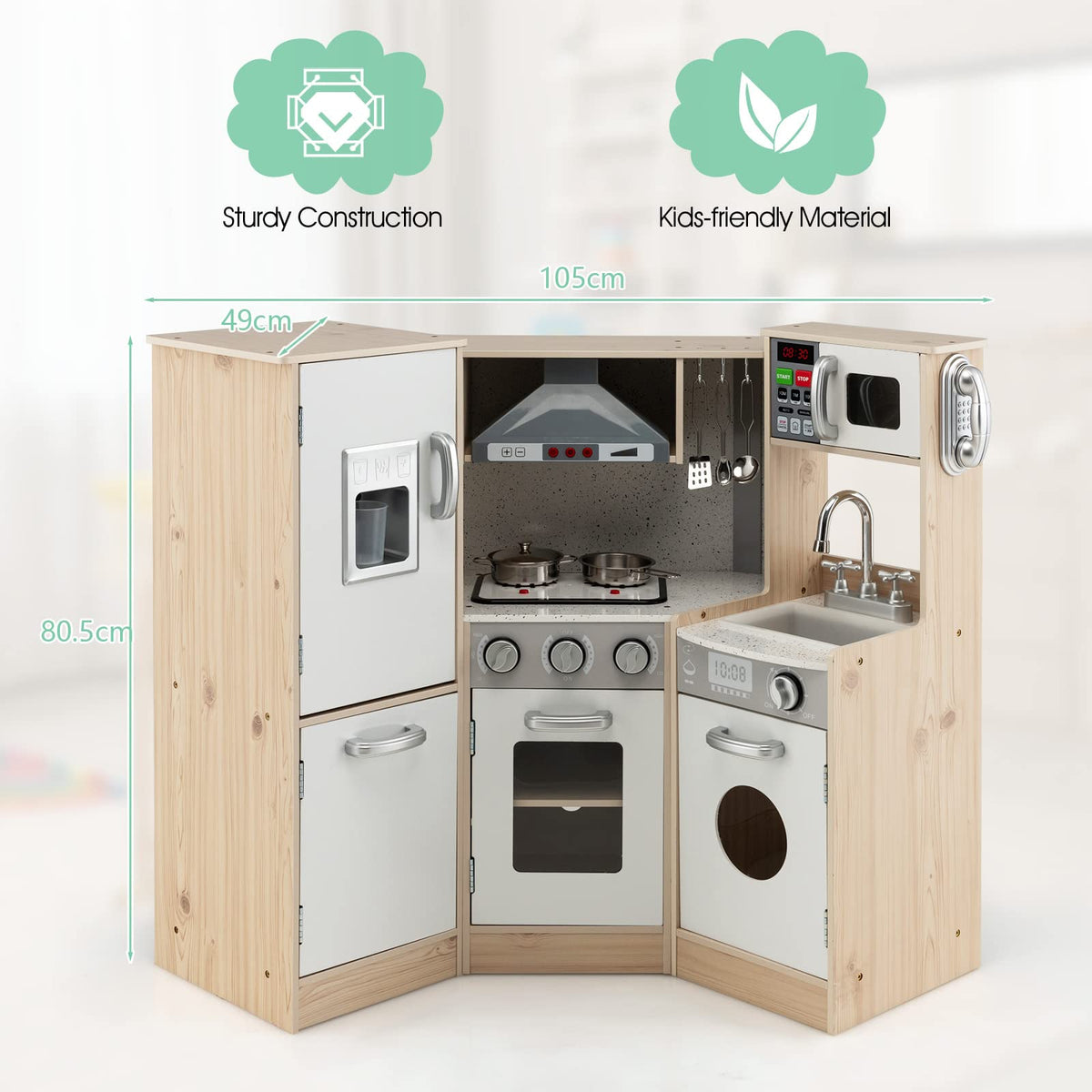 Kids Corner Kitchen Playset, 9-in-1 Wooden Pretend Play Kitchen Toy Set w/Realistic Light & Sound