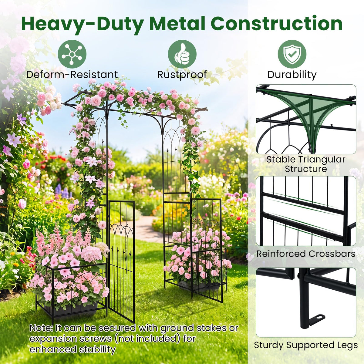 Garden Arch Trellis with Gate and Planter Boxes, 206cm Heavy Duty Metal Arbor