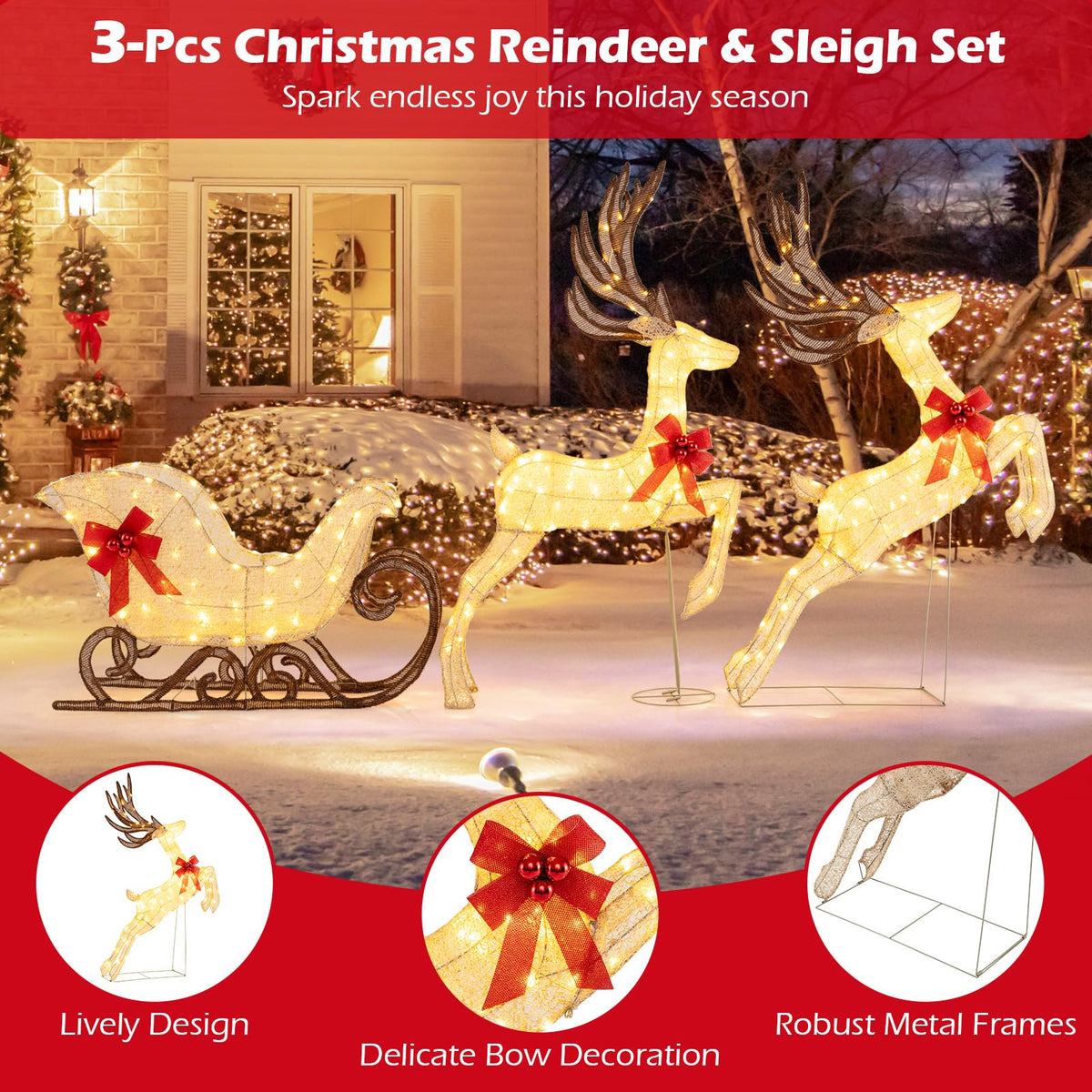3-Piece Christmas Lighted Reindeer & Sleigh Set, Lighted Xmas Deer Decoration