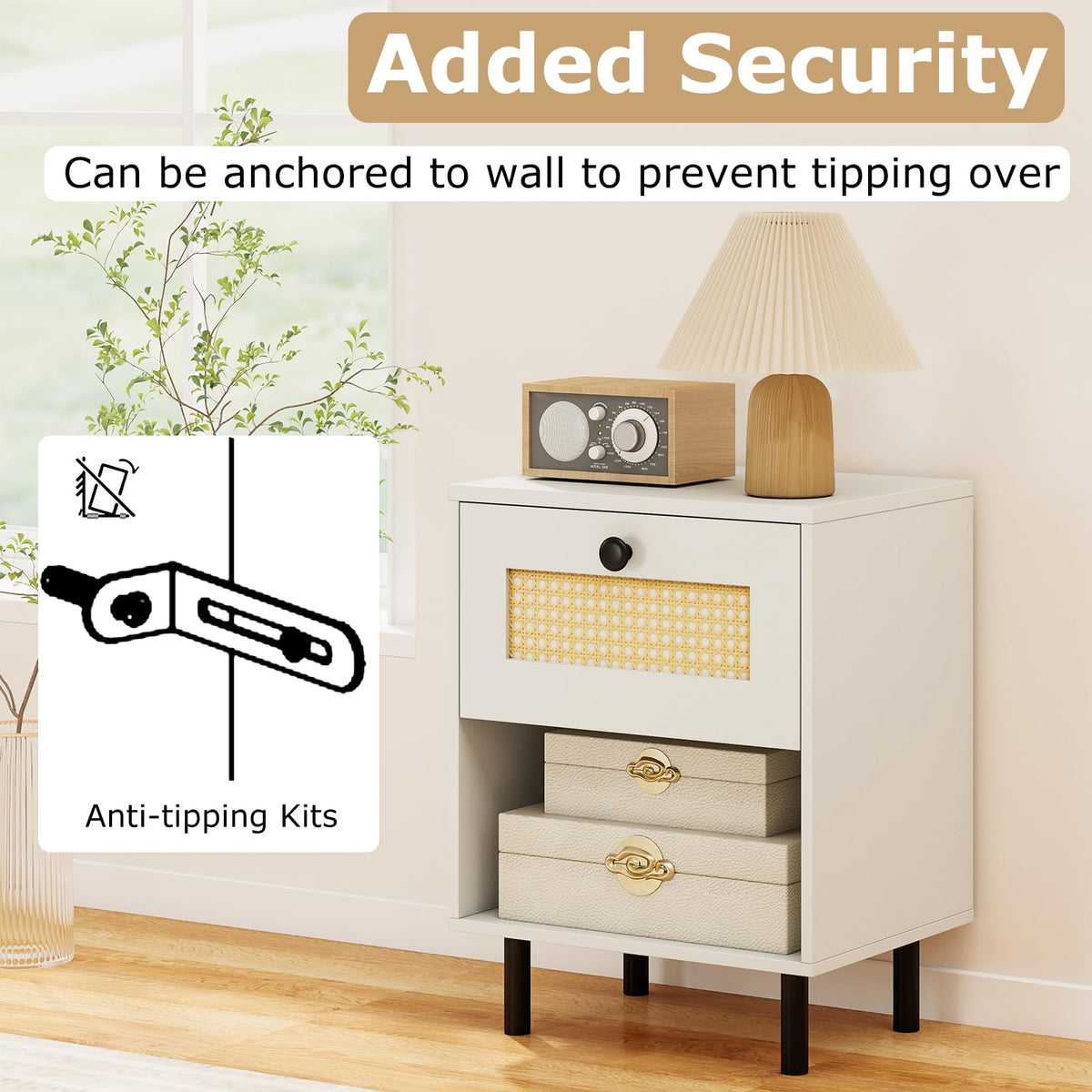 Rattan Nightstand with Drawer and Open Storage Shelf for Living Room and Bedroom