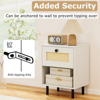 Rattan Nightstand with Drawer and Open Storage Shelf for Living Room and Bedroom
