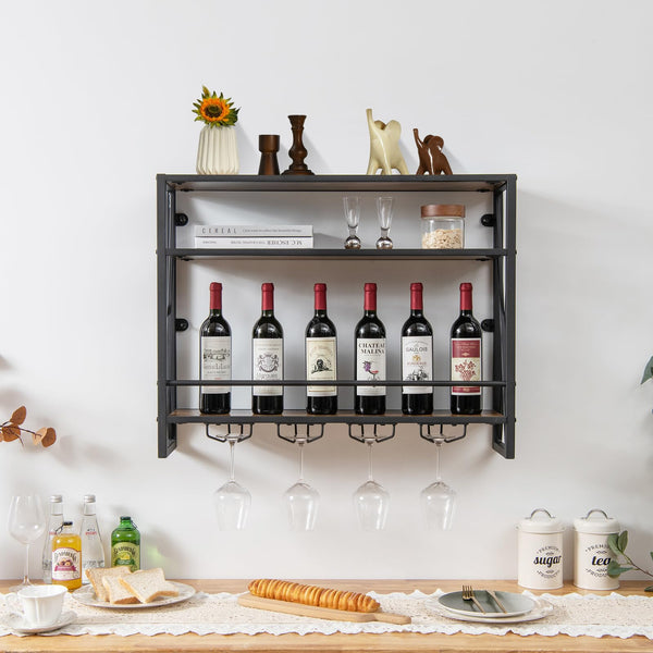 Industrial Wall Mounted Wine Rack, 3 Tiers Metal Hanging Wine Shelf