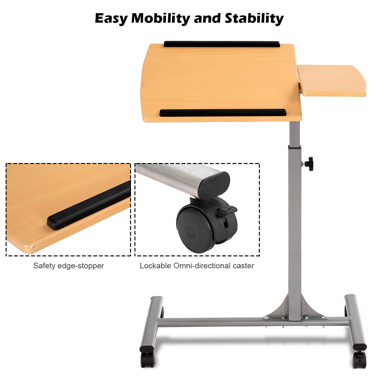 Mobile Laptop Desk, Angle & Height Adjustable Wooden Over Bed Table, Rolling Mobile Stand Desk w/ Lockable Casters