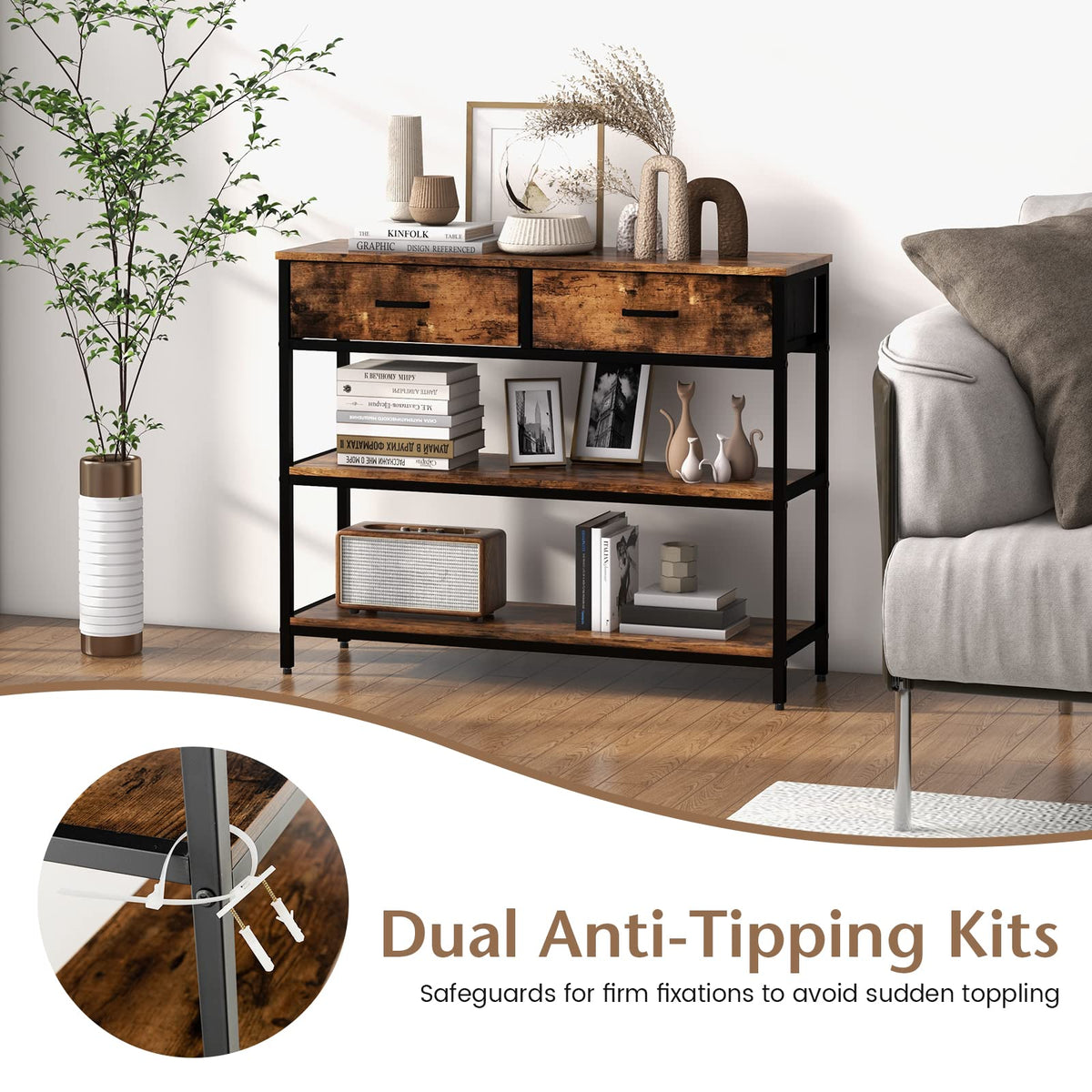 Giantex 100CM Console Table, Behind Couch Table with 2 Folding Fabric Drawers & Shelves , Rustic Brown