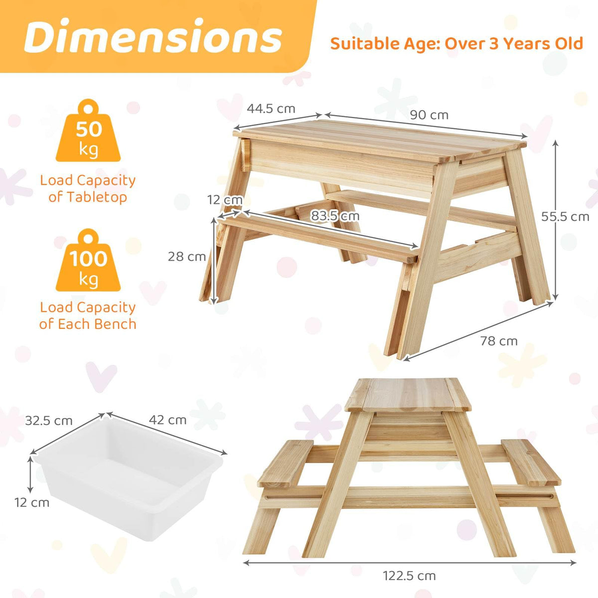 Kids Picnic Table, 4 in 1 Wooden Table & Bench Set with Removable Top & 2 Storage Boxes