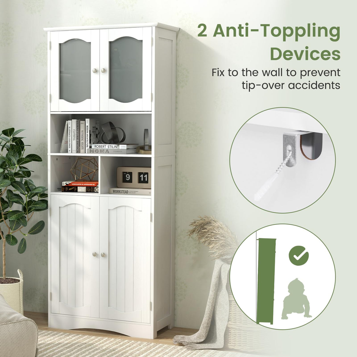 149cm Tall Bathroom Storage Cabinet with Frost Glass Doors and Shelves