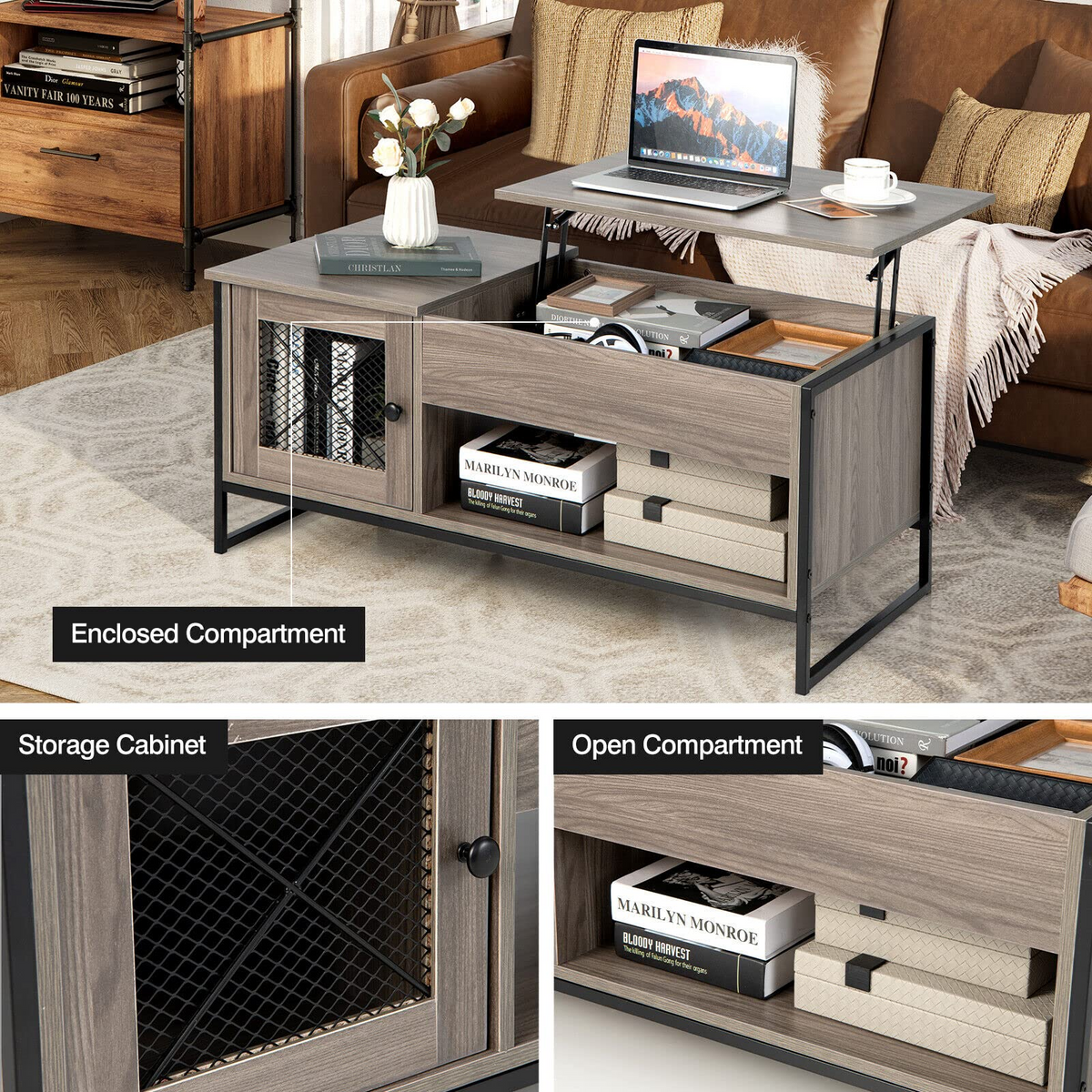 106cm Lift Top Coffee Table, Industrial Center Table with Mute Pneumatic Lifting, Grey